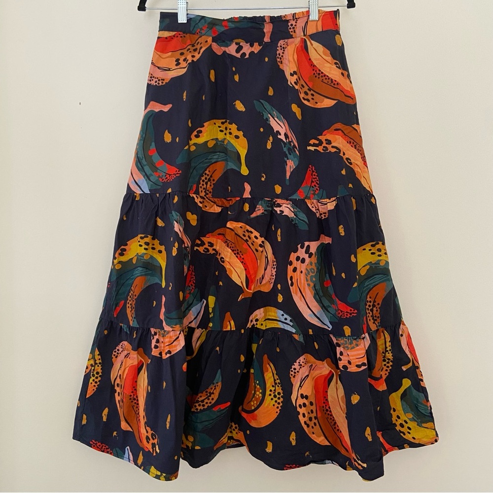 MAUDE VIVANTE Ada Maxi Skirt Size S Banana AOP Cotton Vibrant Colorful Tiered